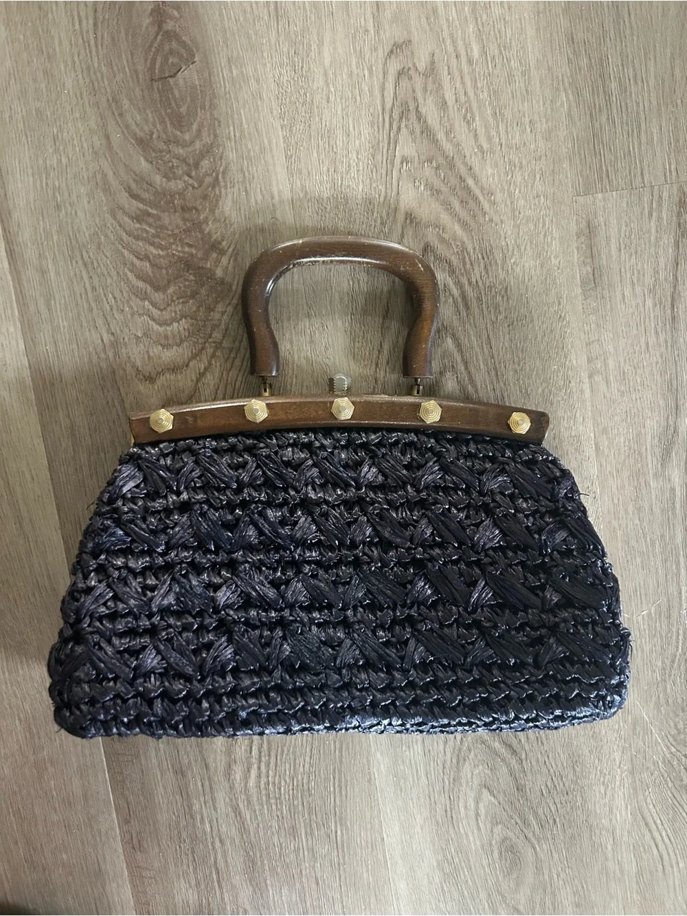 Vintage 1960s Raffia/Wooden Handbag, Purse